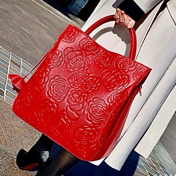 NWOT~Genuine LEATHER Floral Embossed Luxury- Satchel/Handbag/Shoulder bag - Picture 2 of 10
